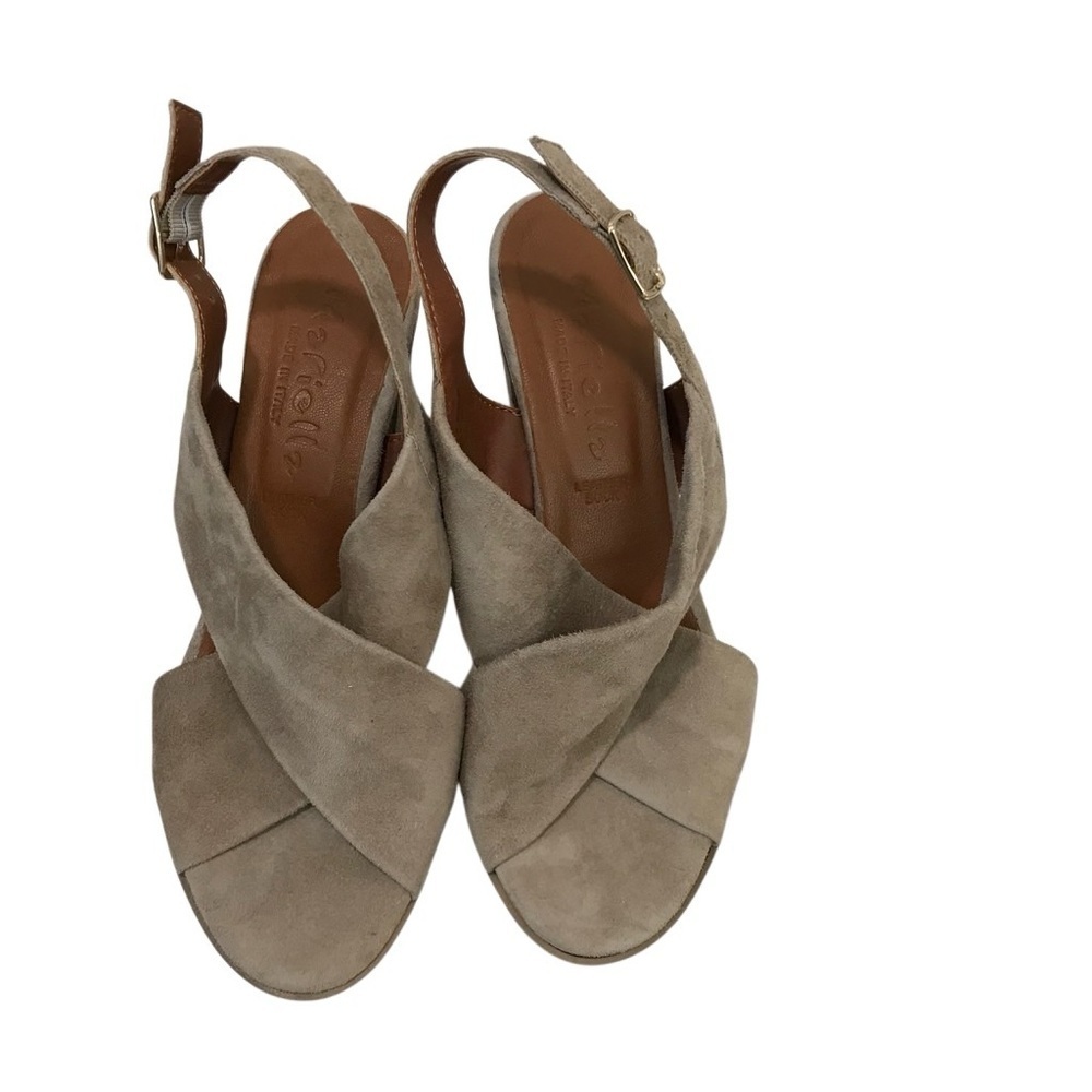 Mariella Suede Open Toe Sling Back Block Heel Sandal Tan 7.5